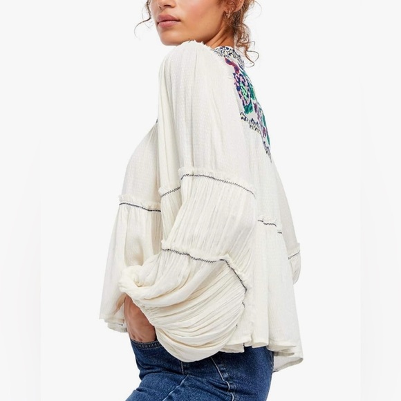 Free People Blouse Women White Vivid Floral Embroidered Atlas Clouds Boho Hippie - Picture 2 of 8